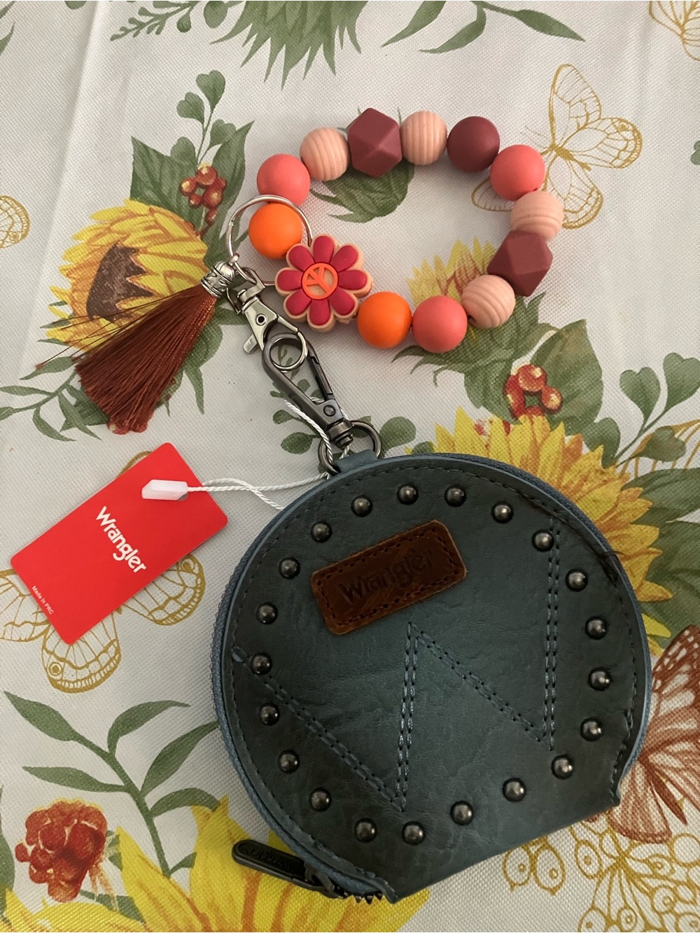 Wrangler Dark Teal Round Studded Key Pouch with Coral Bead Tassel Bracelet
